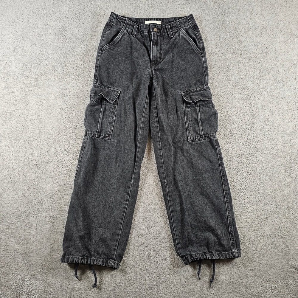 Levis 94 Baggy Cargo Jeans Washed Black Wide Leg Drawstring Hem W24 L30 Faded